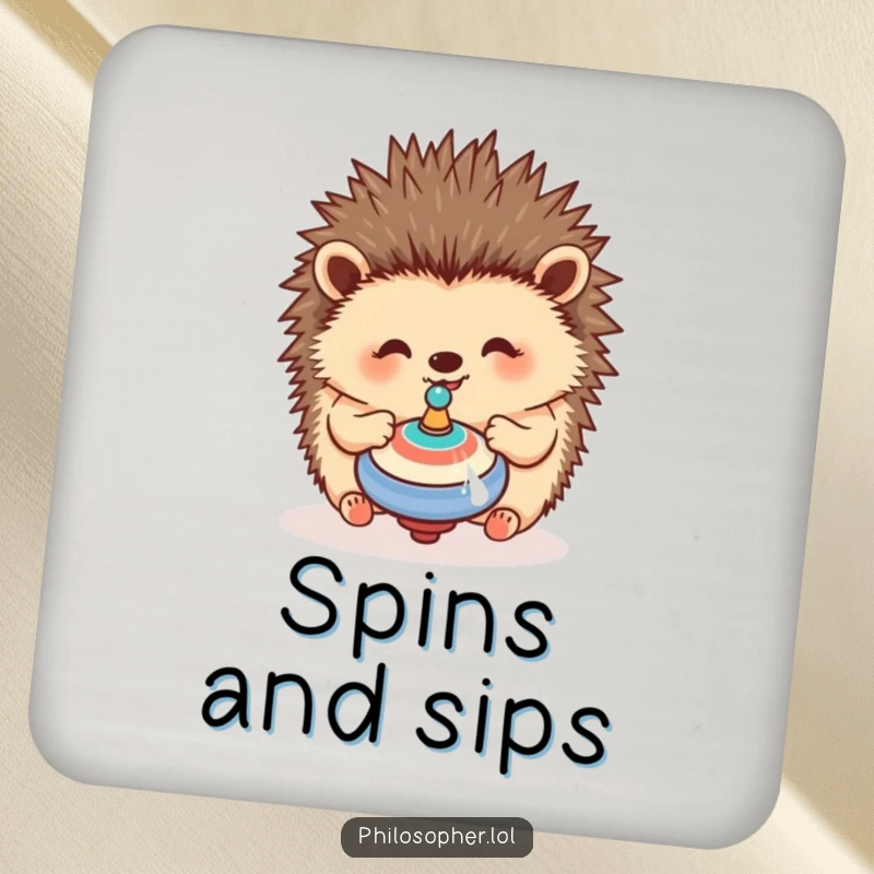 Funny hedgehog coasters featuring a happy hedgehog contemplating a spinning top, protecting surfaces with humorous charm.