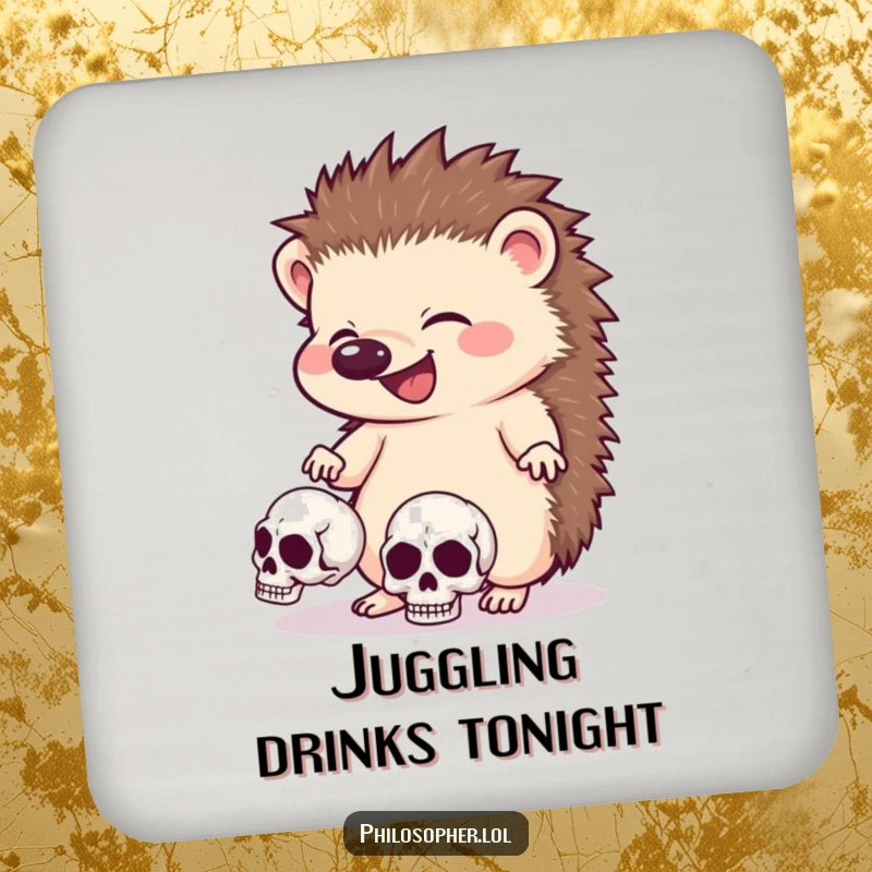 Funny hedgehog coaster, protecting a table, giggling creature juggling skulls, spooky and humorous home accessory.