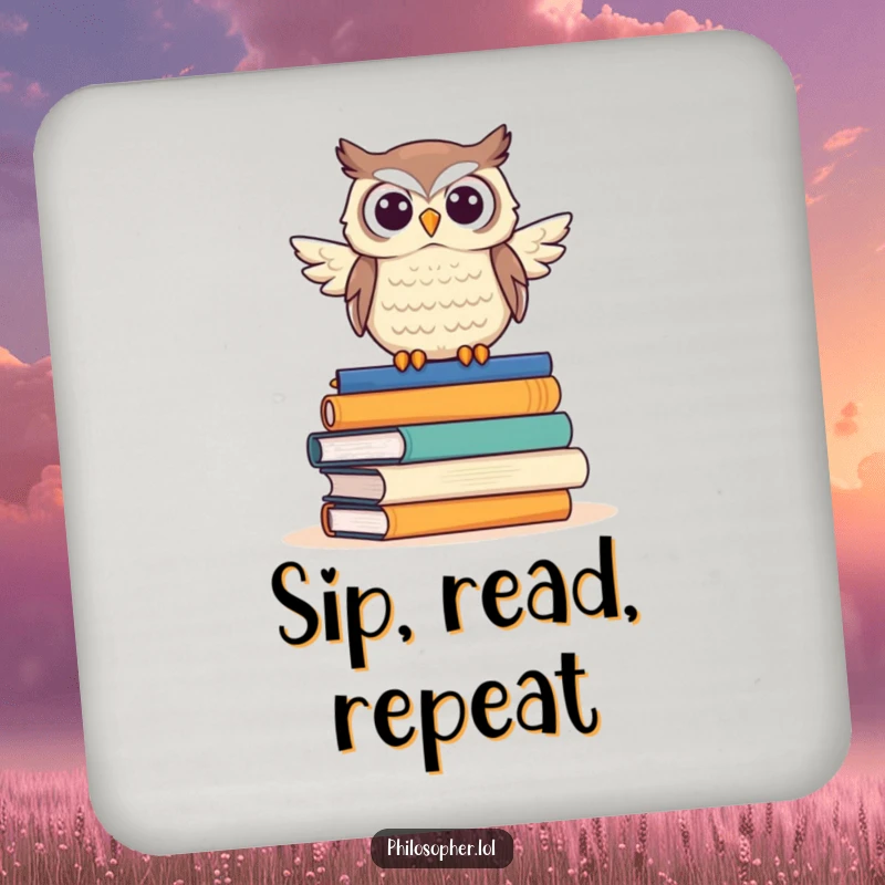 Funny owl drink coaster showcasing a proud owl on a pile of books, protecting furniture with scholarly humor.