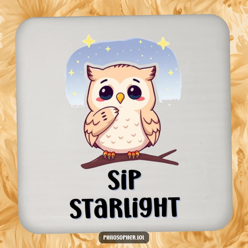 Funny drink coasters with a thoughtful owl gazing at a starry sky, adding wisdom and humorous charm to protect surfaces.