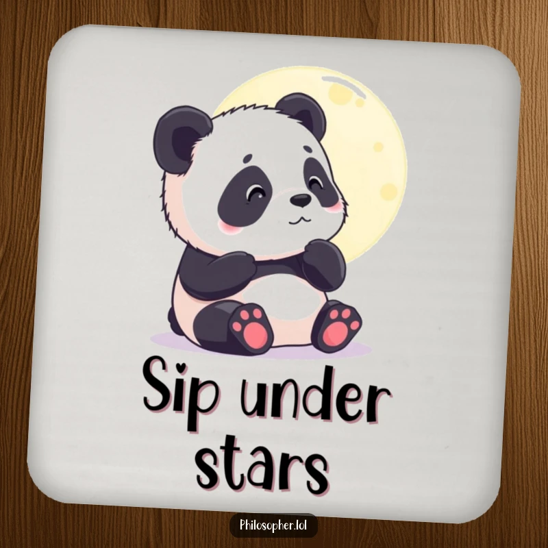 Funny drink coaster with a contented panda cub gazing thoughtfully at the moon. Protects surfaces. Gift.