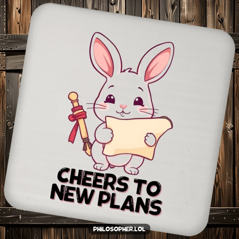 Funny Rabbit Coasters: A playful rabbit holds an inspired scroll. These humorous coasters offer creative protection, a funny gift.