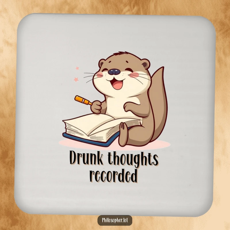 Funny drink coaster showing a joyful otter furiously scribbling in a large book, offering protection with artistic dedication and amusement.
