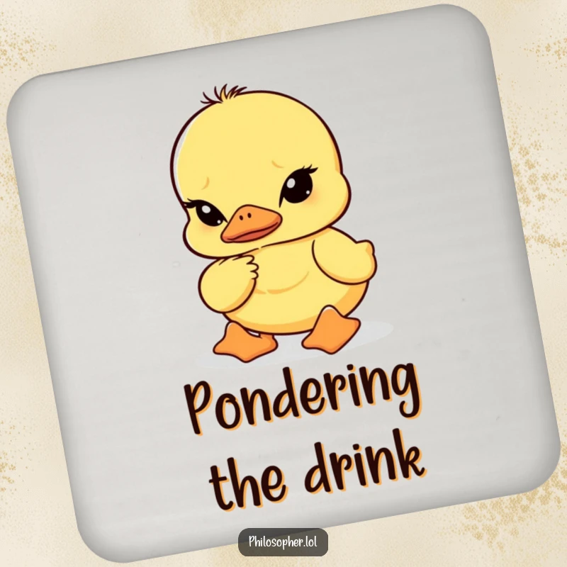 Funny drink coaster featuring a wobbly duckling with furrowed brows in deep thought, offering protection with a humorous and contemplative design.