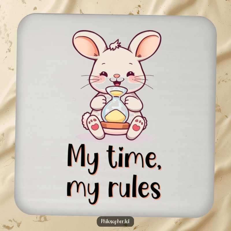 Funny Coaster: A small circular mat with a bouncing bunny observing an hourglass, protecting surfaces with a humorous design.