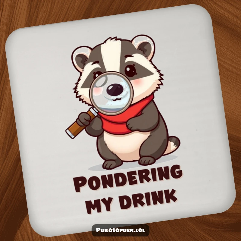 Funny drink coaster with a badger holding a magnifying glass, humorously examining your drink or the table, protecting surfaces with witty style.