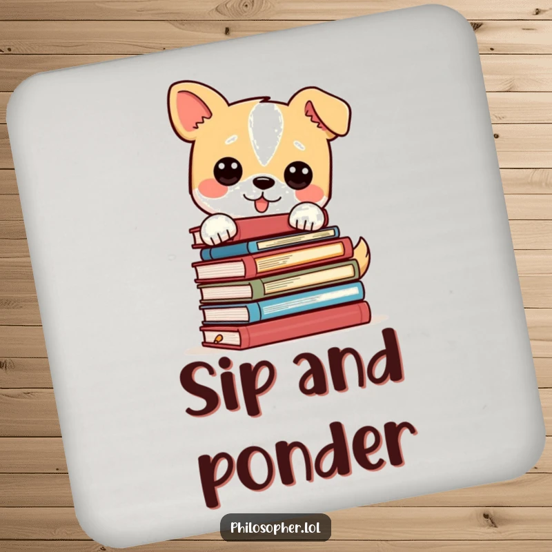 Funny dog balancing a stack of philosophy books, a charming and humorous coaster for protecting furniture.