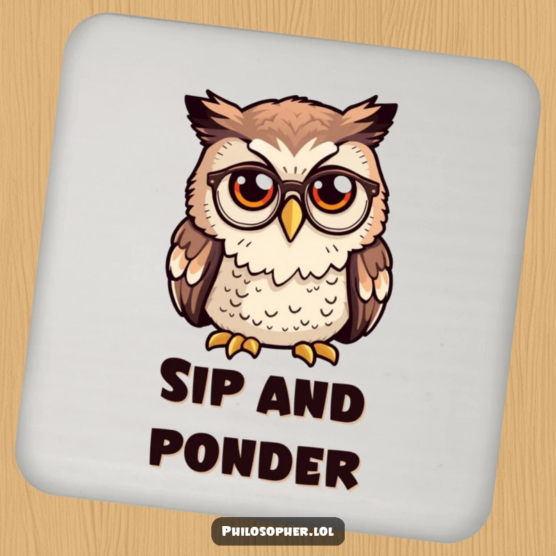 Funny owl coaster, curious owl wearing tiny spectacles deep in thought, drink protection, wise animal decor.