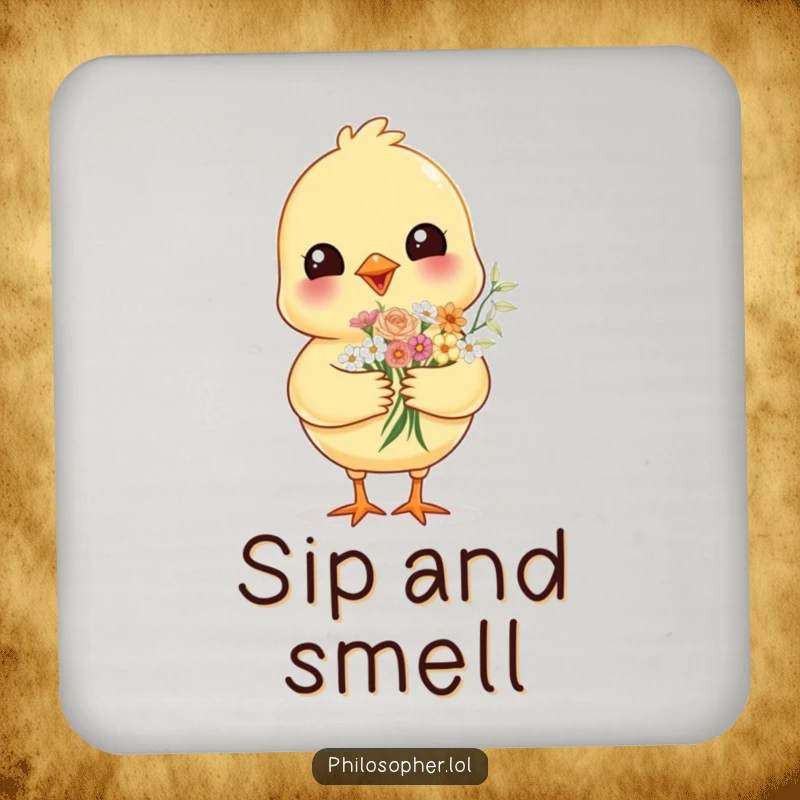 Funny cheerful chick, offering flowers, printed on a drink coaster, adding floral humor and protecting surfaces.