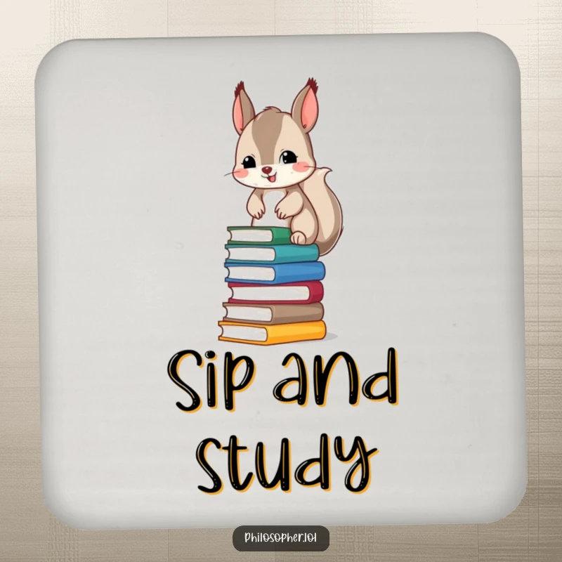 Funny set of drink coasters featuring a mischievous squirrel balancing a stack of books, adding humor and protection to surfaces.
