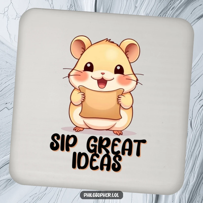 Funny drink coasters with a beaming hamster holding a tiny scroll, looking inspired, adding motivational and humorous charm to surfaces.