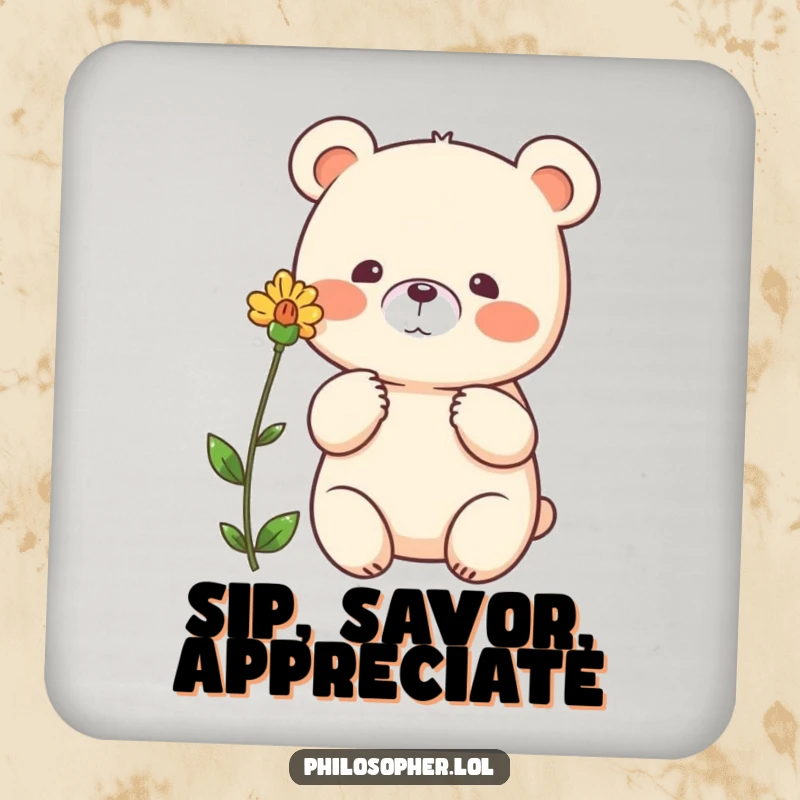 Funny bear coaster, beaming bear gesturing thoughtfully towards a single flower, drink protection, cute animal decor.