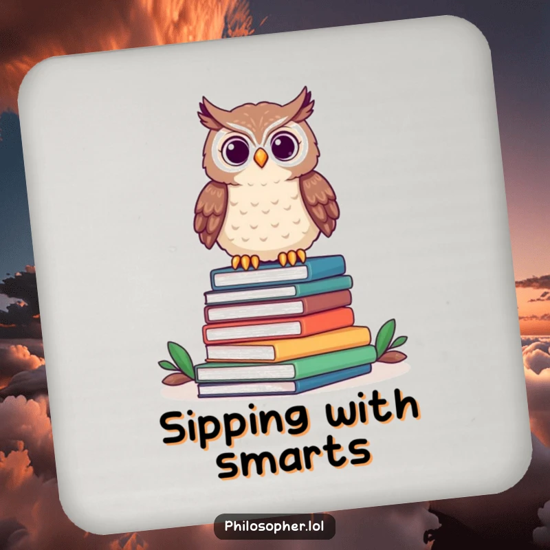 Funny owl coasters showing a proud owl perched on books, adding a touch of literary wit to drink service.