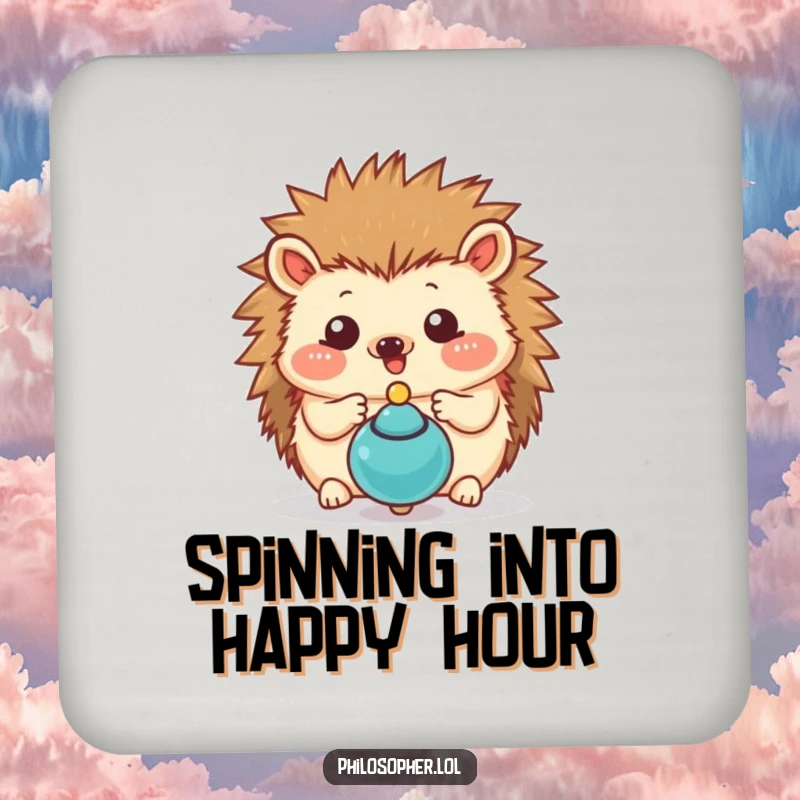 Funny hedgehog coasters showing a happy hedgehog contemplating a spinning top, adding a humorous touch to drink services.