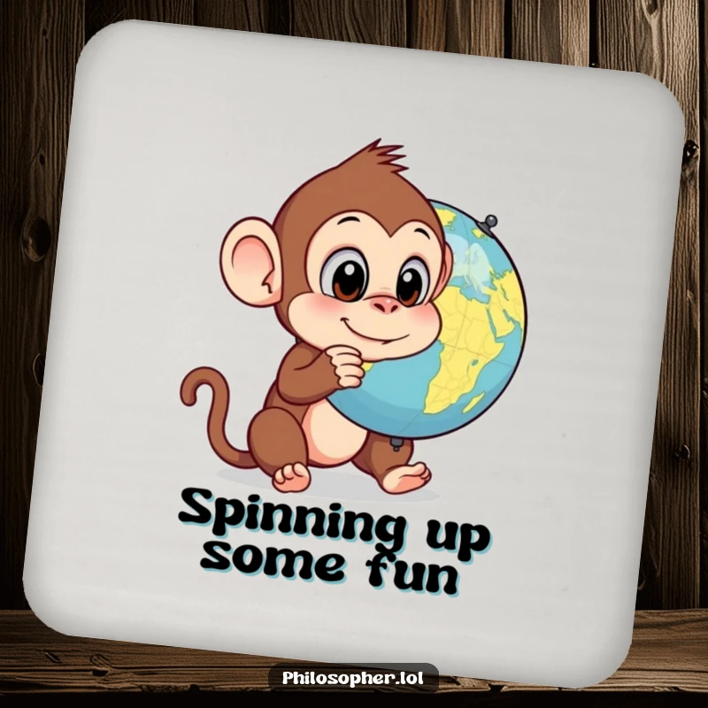 Funny monkey coaster, protecting a table, silly primate contemplating a spinning globe, humorous home accessory.