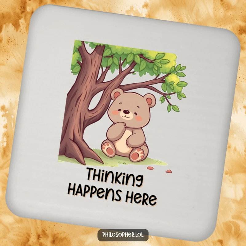 Funny drink coaster featuring a happy bear sitting under a tree, lost in deep contemplation, protecting surfaces humorously.