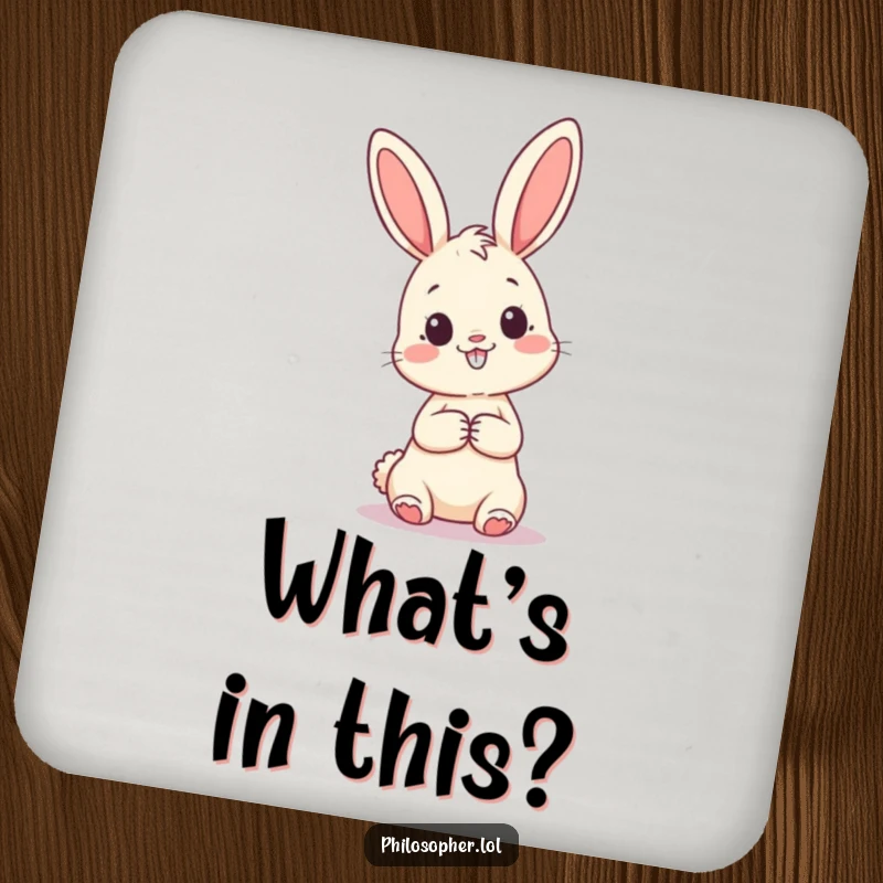 Funny drink coaster showing a happy bunny contemplating a large question mark, offering protection with a curious and amusing touch.
