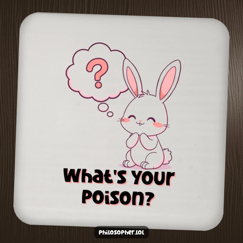 Funny bunny question mark coaster showing a cheerful rabbit contemplating a large thought bubble with a question mark.