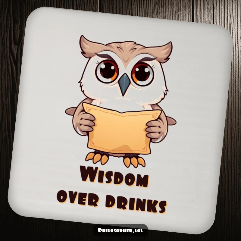 Funny owl holding scroll, desk coaster, mysterious home decor, perfect funny gift for parties.