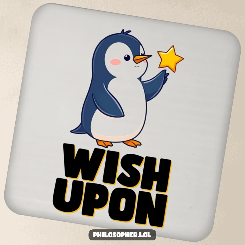 Funny penguin drink coaster featuring a wise bird pointing at a star, adding celestial humor.