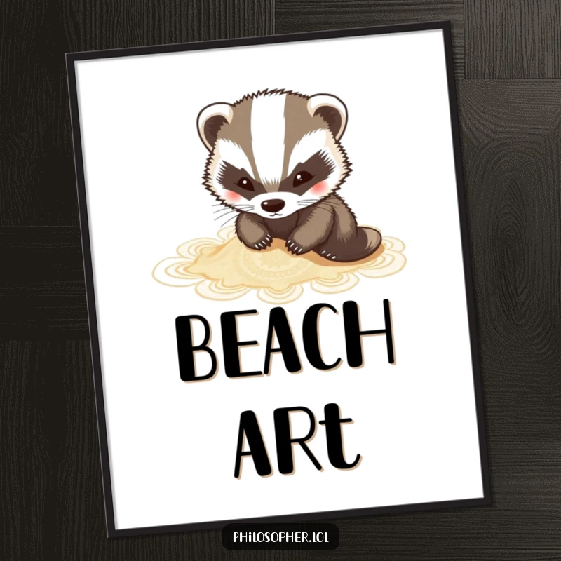 Funny badger poster of a charming badger skillfully sketching intricate patterns in the sand.
