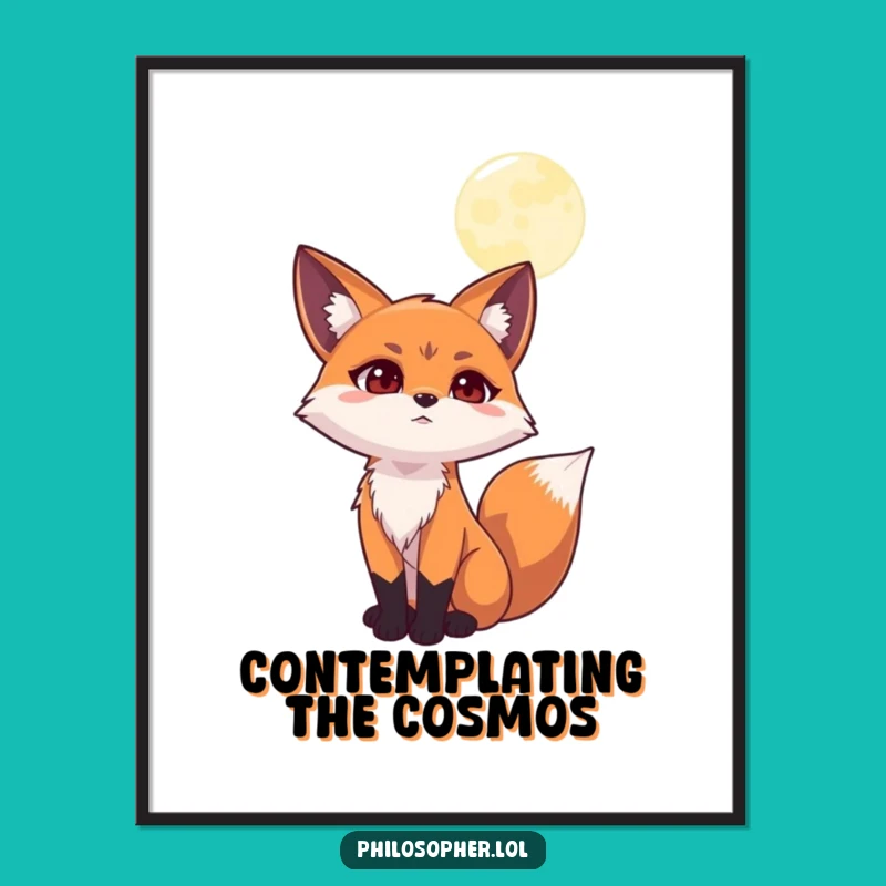 Funny Contemplating Fox Moon Poster: Whimsical Wall Art for Thinkers