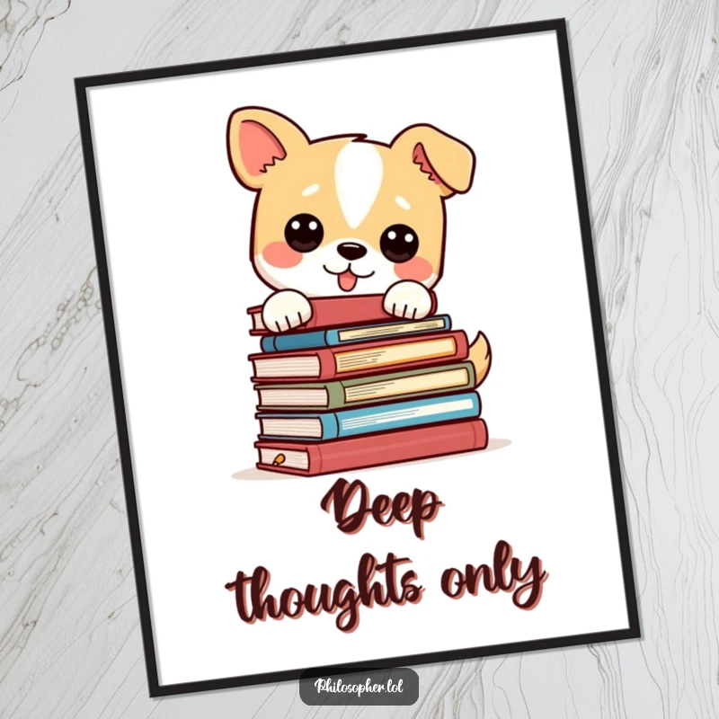 Funny dog balancing a towering stack of philosophy books, looking profoundly intellectual and slightly off-kilter, a humorous wall print.
