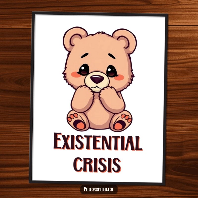 Funny bear cub poster showcasing a cub in a deep thinking pose, perfect wall art for contemplation.