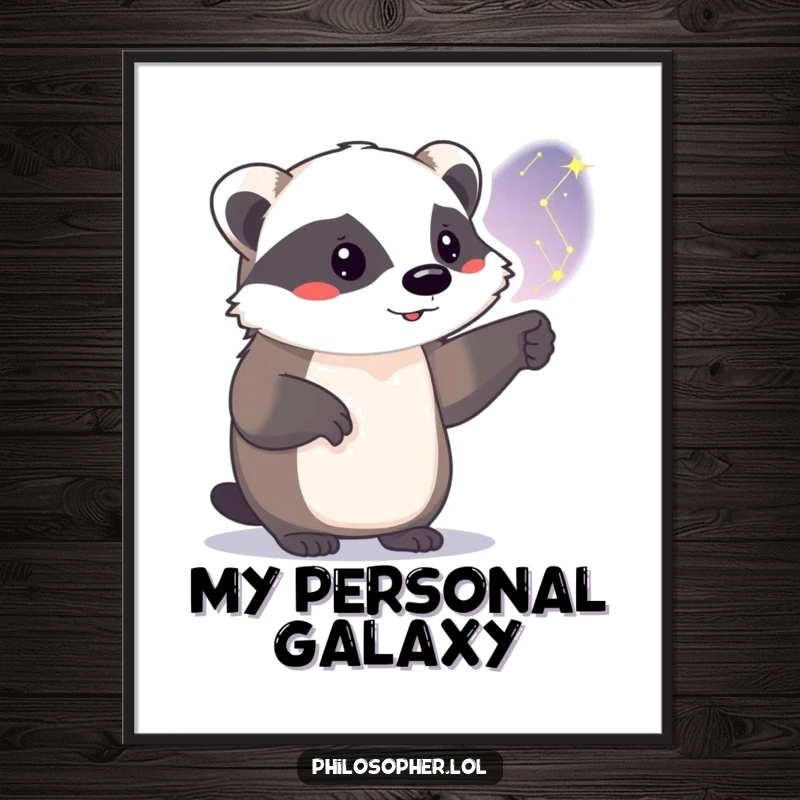 Funny badger poster, proud animal pointing at a constellation, magical night sky art, whimsical and humorous wall decor.