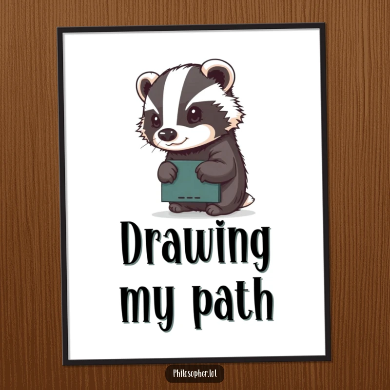 Funny poster art depicting a determined badger intently sketching on a small chalkboard, celebrating focus and artistic passion.