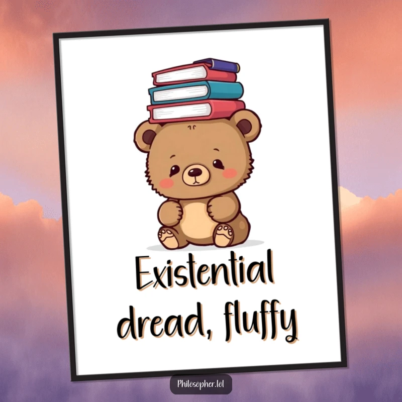 Funny bear cub balancing a stack of philosophy books on its head, printed as wall art on a poster, inspiring.
