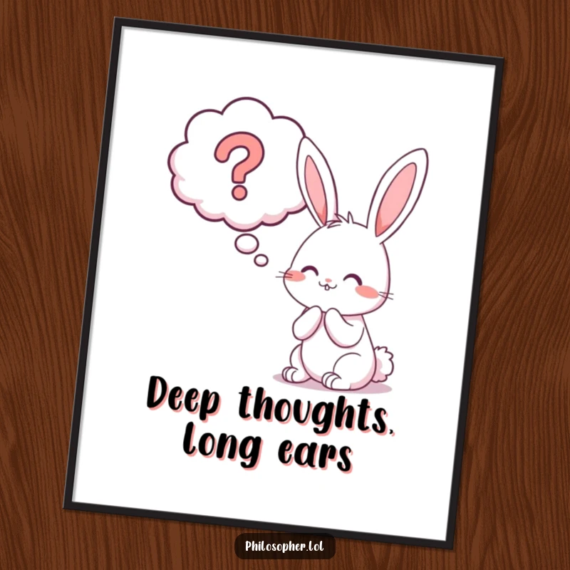 Funny bunny question mark poster, a cheerful bunny pondering a giant thought bubble with a question mark.