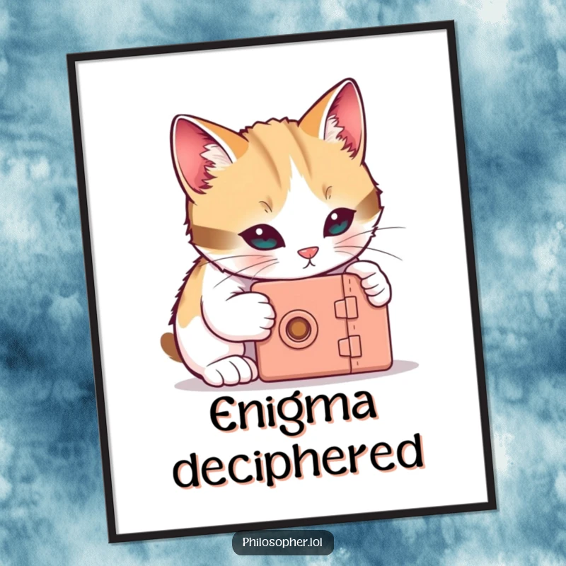 Funny cat poster of a curious cat trying to unlock a tiny box, creating a humorous and intriguing art piece.