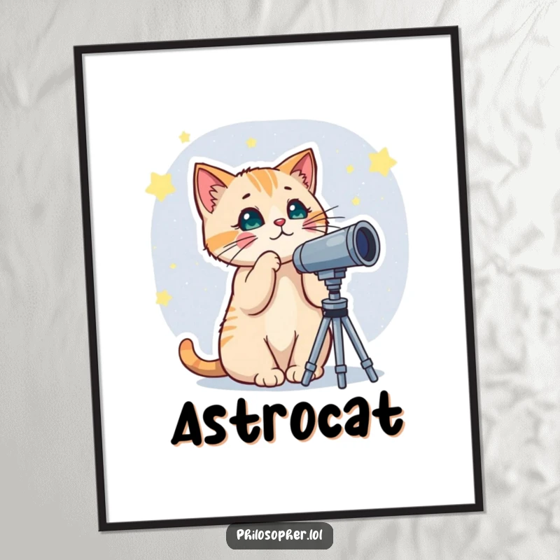 Funny poster art of a curious cat peering through a telescope at a starry night sky, symbolizing exploration and the vastness of space.