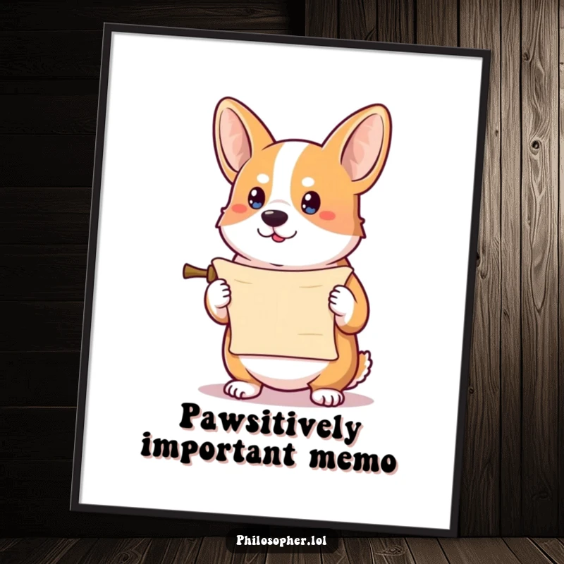 Funny corgi poster depicting a determined corgi holding a tiny scroll, conveying humorous authority and charm.
