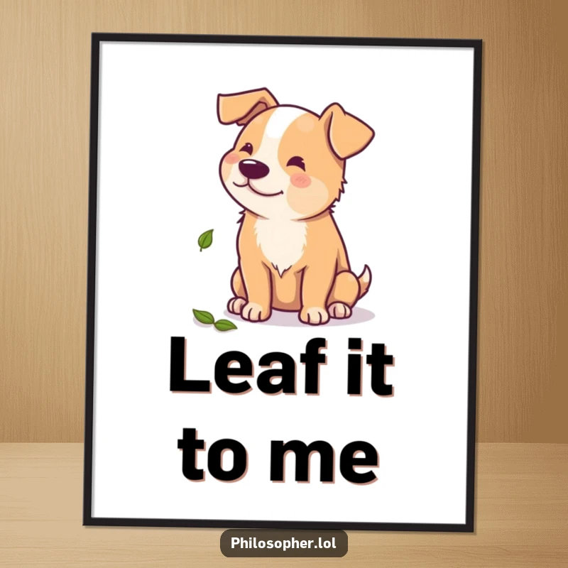 Funny poster print of a beaming dog in deep contemplation over a solitary autumn leaf, adding whimsical decor.