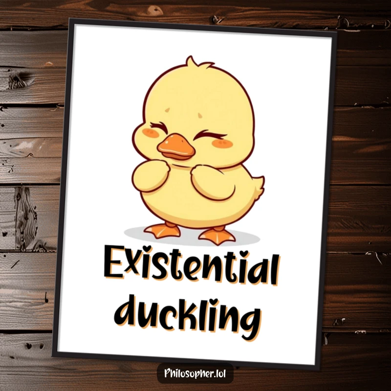 Funny duckling poster of a wobbly duckling with furrowed brows deeply thinking, a humorous and contemplative art piece.