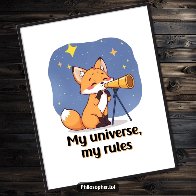 Funny Fox Poster: A curious fox gazes at the stars through a telescope. This humorous wall art adds charm, a perfect funny gift.
