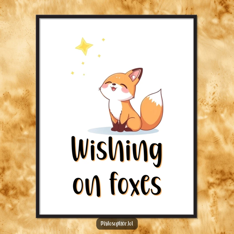 Funny poster showing a joyful fox looking up at a distant, twinkling star with hopeful eyes.