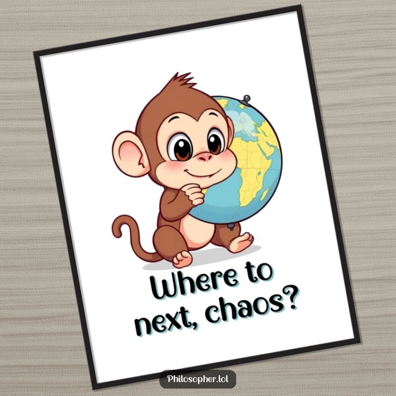 Funny monkey poster, wide-eyed primate contemplating a spinning globe, quirky wall art, humorous and artistic design.