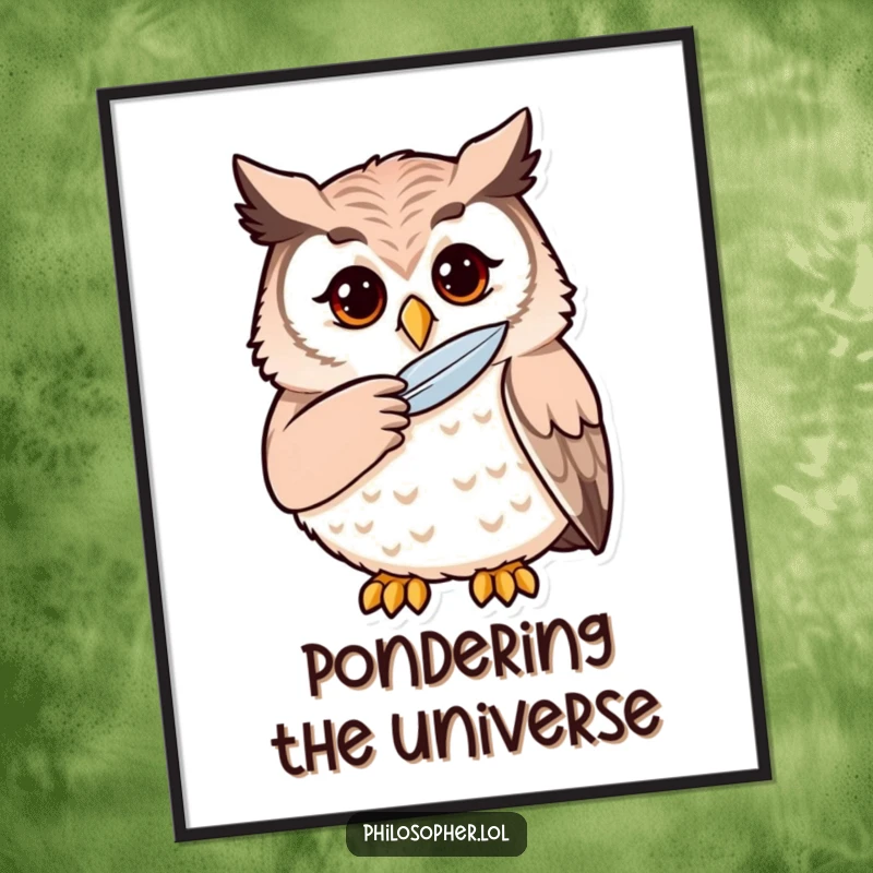 Funny owl poster depicting an owl thoughtfully stroking its chin with a feather, adding intellectual charm to decor.
