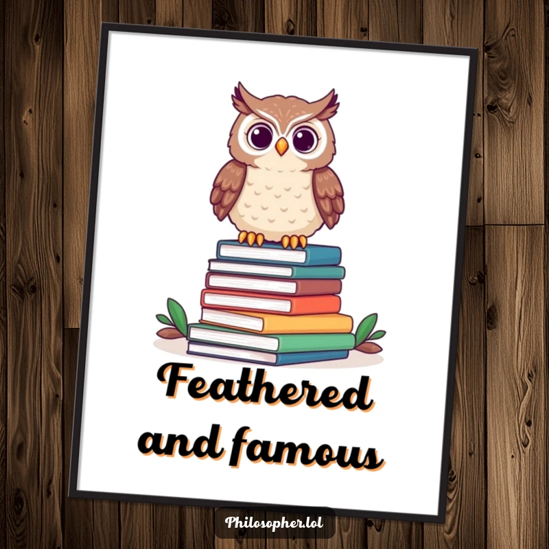 Funny owl poster showcasing a proud owl surveying a pile of books, embodying literary wisdom and quirky humor.