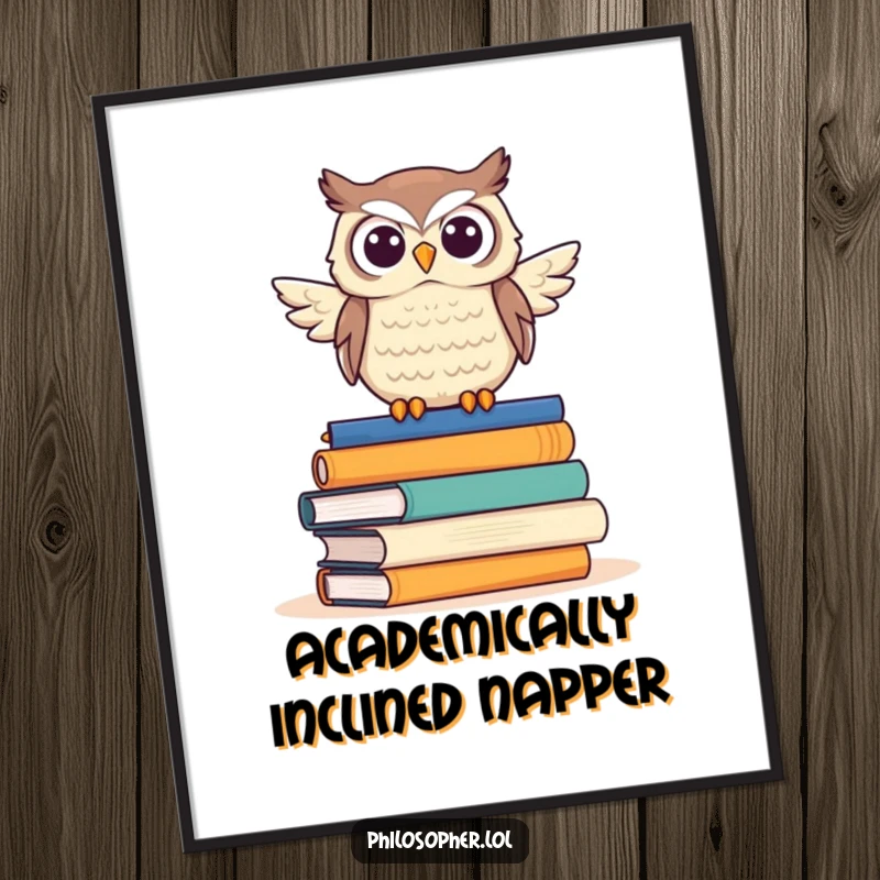Funny owl wall art poster, sitting proudly on a pile of books, exuding scholarly charm and literary humor.