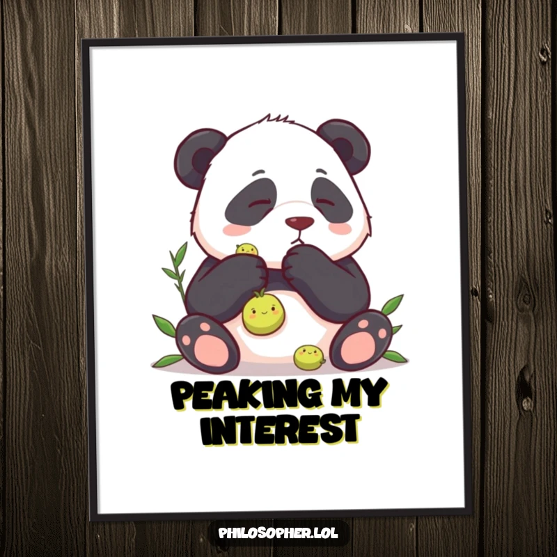Funny poster capturing a panda's profound contemplation of a single pea, making a humorous and artistic statement for any wall.