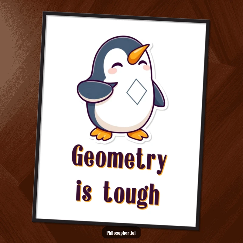 Funny Penguin Geometry Poster featuring a curious penguin highlighting a complex geometric figure, a stimulating piece of art.