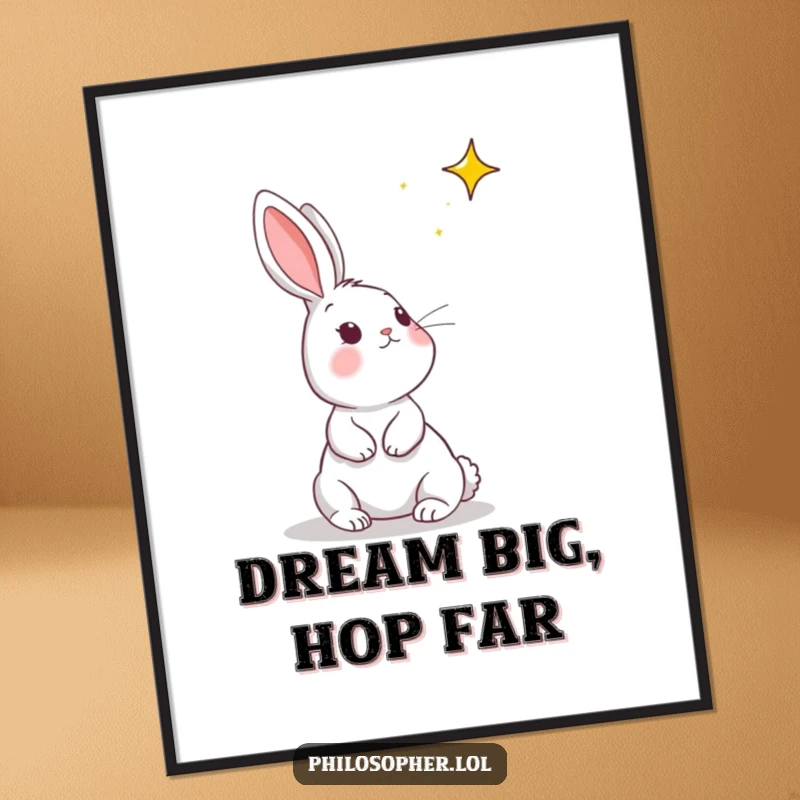 Funny rabbit poster featuring a cute bunny looking towards a distant star, a humorous and inspiring piece of art.