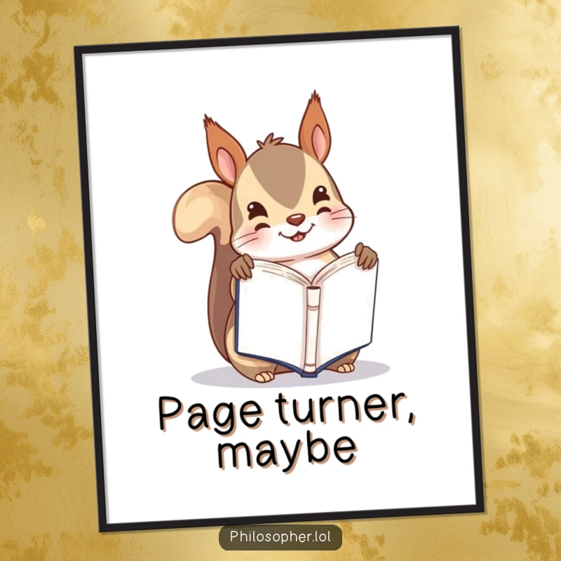 Funny poster featuring a playful squirrel holding a tiny book upside down, adding whimsical humor to any room.