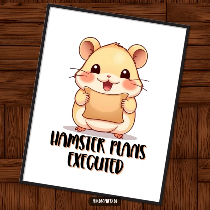 Funny poster featuring a beaming hamster holding a tiny scroll, looking inspired, symbolizing creativity and great ideas with humor.