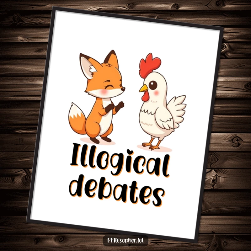 Funny poster illustrating a fox in a heated debate with a rubber chicken, capturing a moment of hilarious, surreal, and whimsical conflict on your wall.