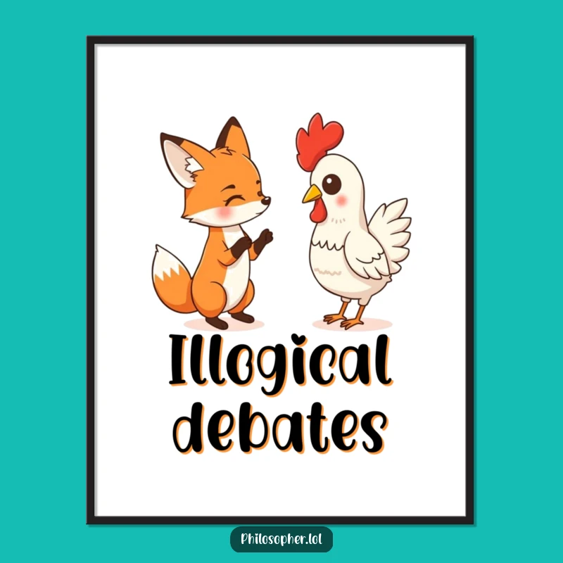 Funny Fox vs. Chicken Poster - Absurd Art, Humorous Gift for Walls